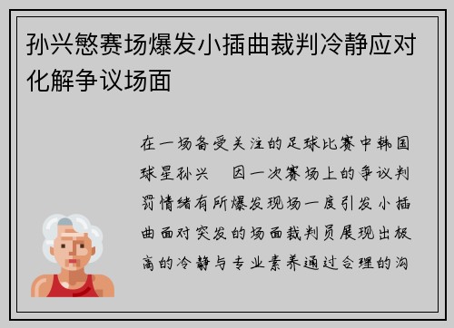 孙兴慜赛场爆发小插曲裁判冷静应对化解争议场面 孙兴慜赛场爆发小插曲裁判冷静应对化解争议场面
