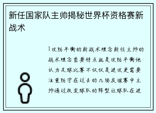 新任国家队主帅揭秘世界杯资格赛新战术